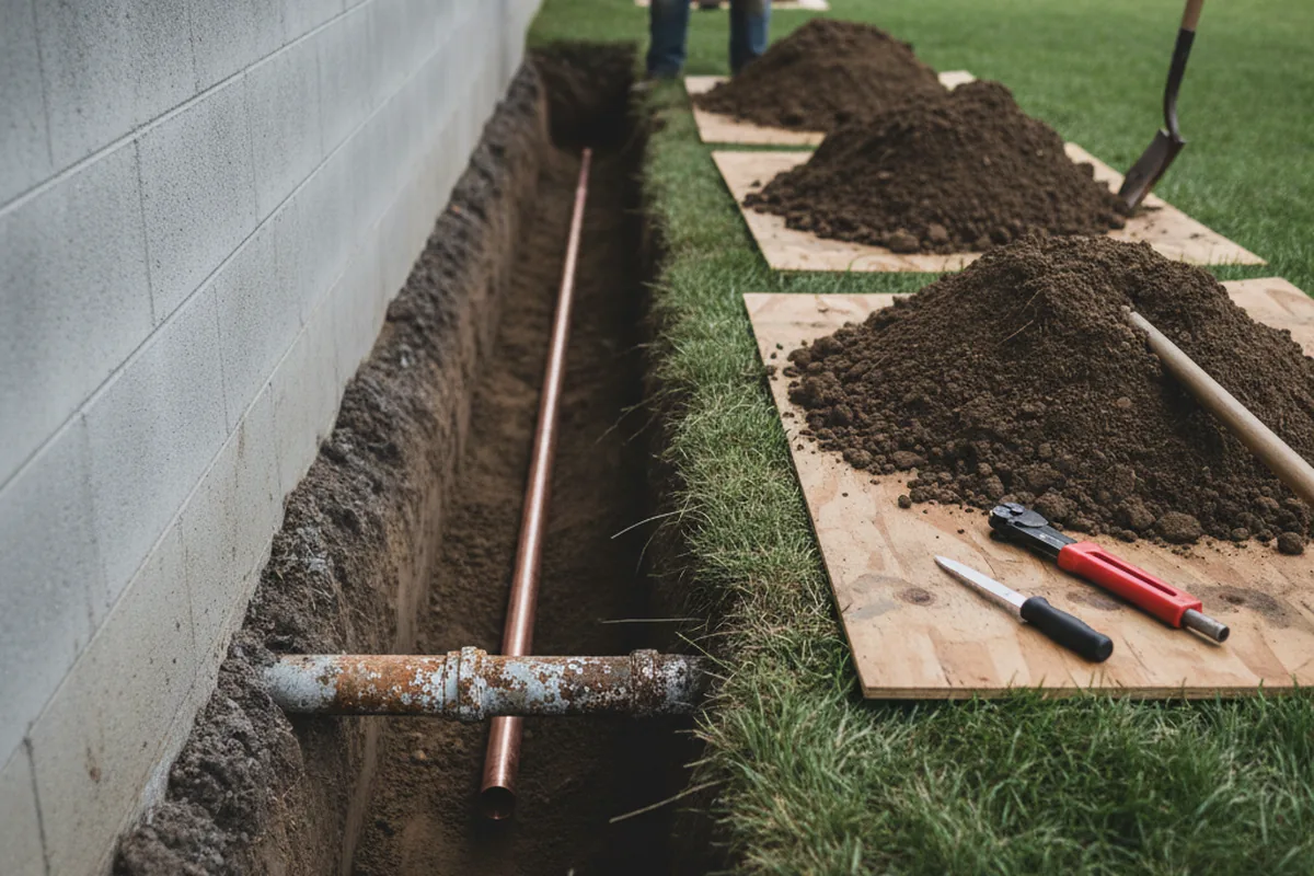 Excavated water line trench during Water Softener Installation in Agency